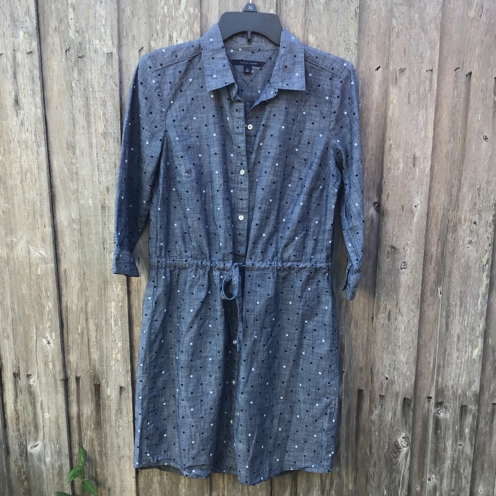 Tommy Hilfiger polkadot chambray drawstring waist dress size medium 100% cotton.